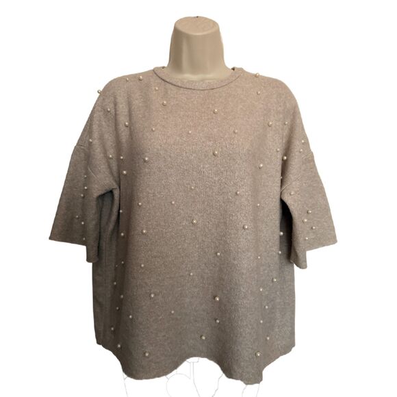 Zara Trafaluc Oatmeal Beige Pearl Beaded Oversized Sweater Size S - Picture 3 of 11